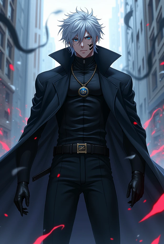 Create a male anime character with white hairs  and eyes colour should be sky blue and wearing a black coat with symbol 138 and having a scar on his face as he is fighting 