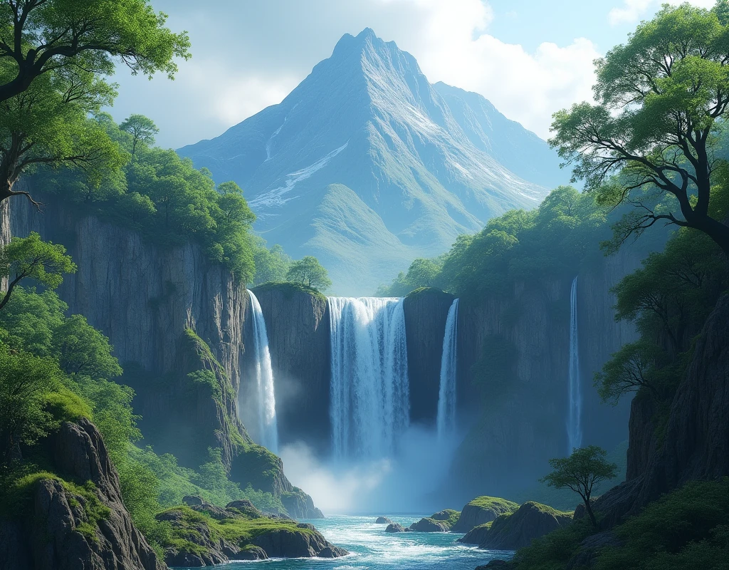 Picture of a mountain with a waterfall falling down and separating into two paths.,There are shady trees., Looks rich (best quality,4K,8ก,height,Masterpiece:1.2),Very detailed,(realistic,photorealistic,photo-realistic:1.37),Serene atmosphere,white background, no background