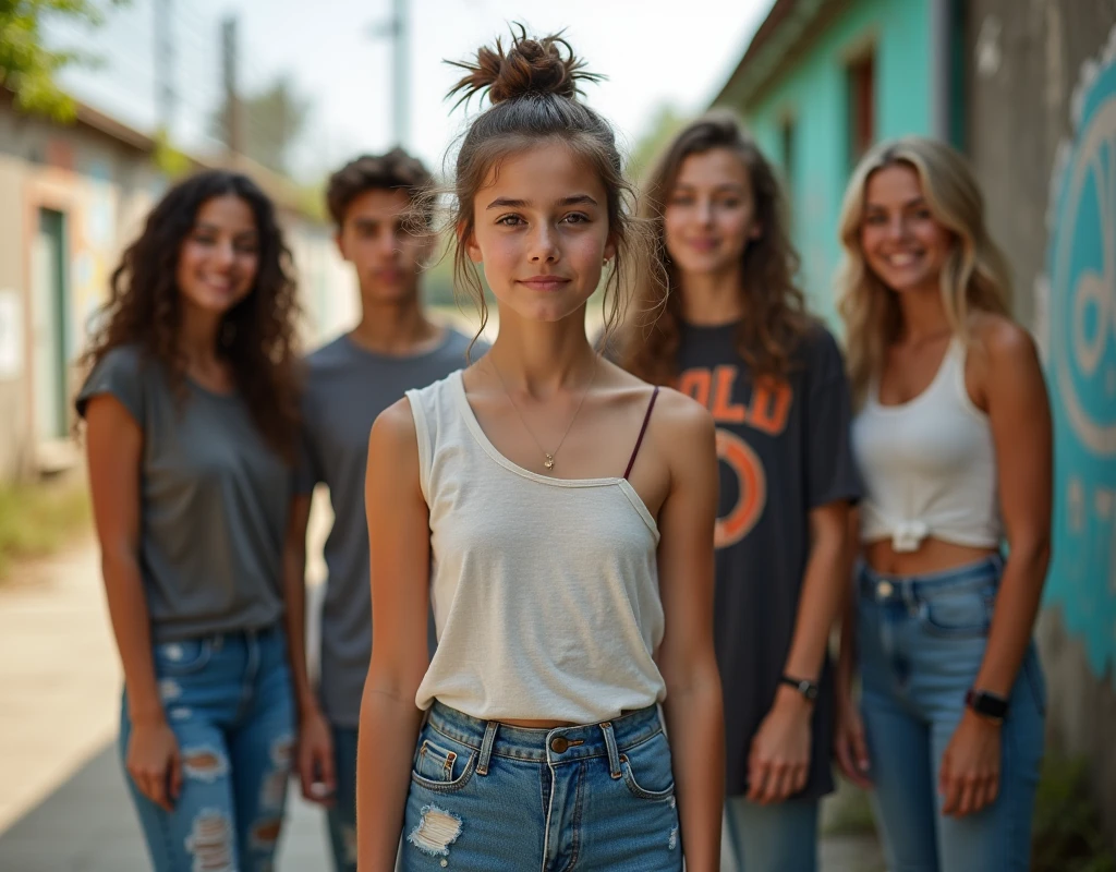 Photo of a teenage girl in skater fashion and her male and female friends. Everyone is wearing a tank top