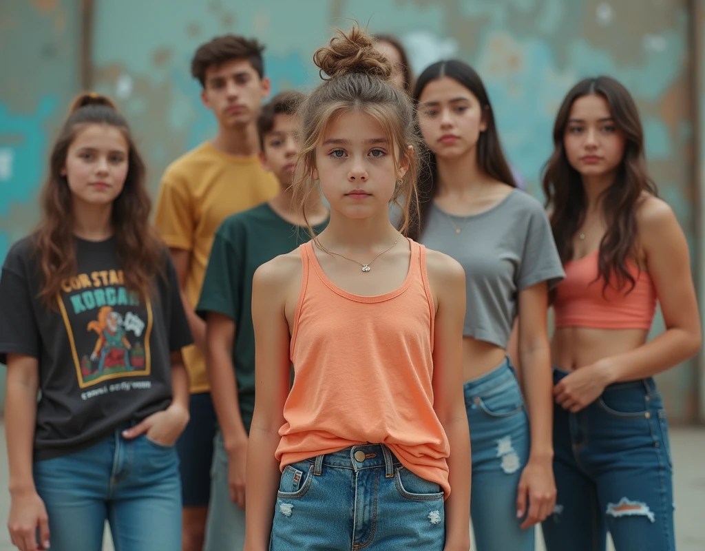 Photo of a teenage girl in skater fashion and her male and female friends. Everyone is wearing a tank top