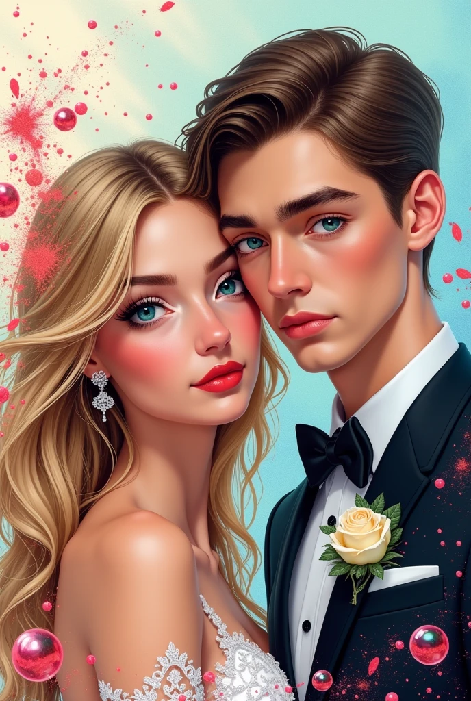 (masterpiece), (Best quality), (Ultra detailed),(dirty hair),(illustration), (1 boy,1 girl), macro lens, (fashion clothes), standing,Model, I look at the viewer, ( interview), (simple background), beautiful detailed eyes, Exquisite beauty, floating, (high saturation), (colorful splashes), colorful bubble, (brilliant), Focus on the face, create a wedding photo of a couple, girl blonde hair, round large face, a skinny man, hair combed to the side, Eye Map, European appearance
