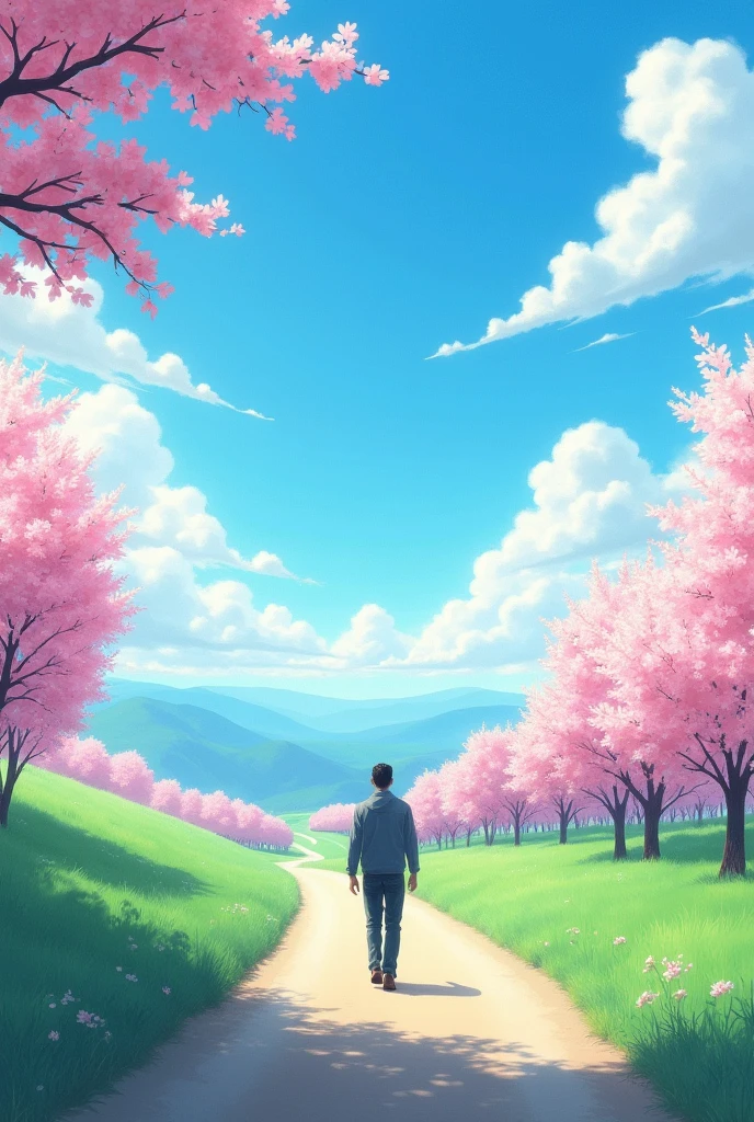 One man walking in road and blue sky and Sakura treet and