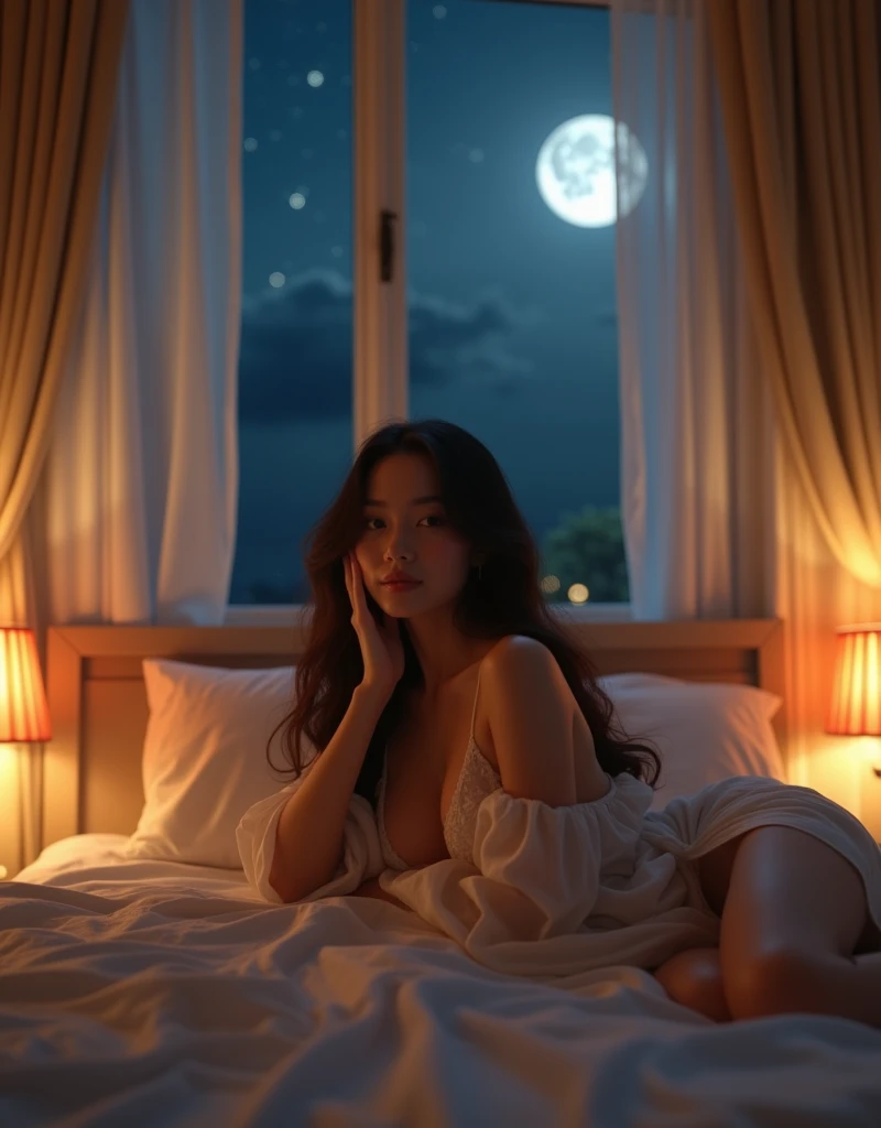 8k, highest quality, masterpiece, Realistic, Photorealistic, Ultra-detailed, Natural light, , Create an image of an alone confident 2 Filipina woman with an hourglass body shape, slightly curvy, standing at 5'4". She has fair skin, long and thick hair, and a small heart-shaped face with subtle cheekbones and a rounded chin. Her nose is delicate, pointy, and . She is lying in bed inside a beautifully decorated, well-lit room. The room is warmly illuminated by soft ambient lights, complemented by the gentle moonlight streaming through large windows. She is wearing revealing and skimpy lingerie covered by a flowing transparent sleeping gown. The camera is positioned directly in front of her, capturing her serene expression as she is about to say good night. Her hands rest comfortably at her sides or gently touch her face, reflecting her peaceful mood as she prepares to sleep. Outside, the night sky is dotted with stars, adding a tranquil and calming ambiance to the scene.