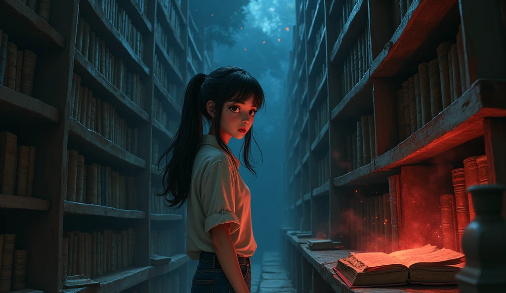 A dimly lit, old, dusty library with towering bookshelves filled with ancient, worn-out books. In the center of the scene, a young Thai woman named Nok, with long, straight black hair tied in a ponytail, is standing. She wears a simple blouse and jeans, with a soft, round face and large, expressive brown eyes that convey determination and curiosity. Nok, along with three friends, gathers around a mysterious red notebook they’ve just discovered on a neglected shelf. The notebook appears slightly worn, with an eerie, faint glow coming from the blood-red ink on its pages. Dust particles float in the air, and the atmosphere is filled with a sense of mystery and unease as Nok and her friends exchange concerned glances.