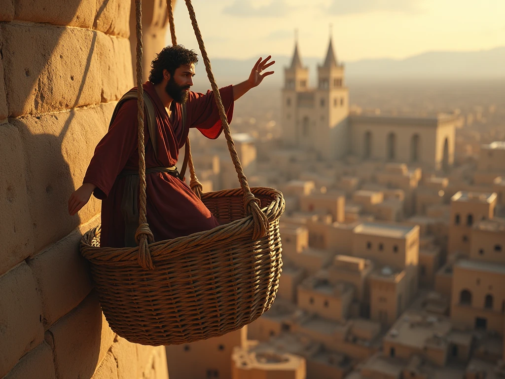 Apostle Paul descending in a basket
