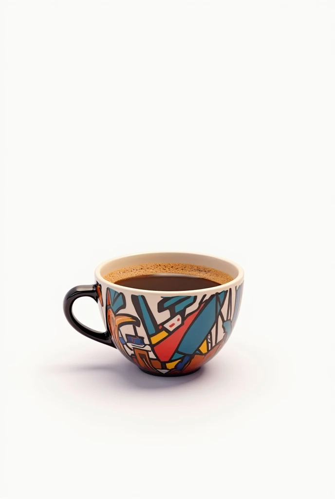 A cup of coffee with a white background in a minimal style, cupping cup, street art on cup.