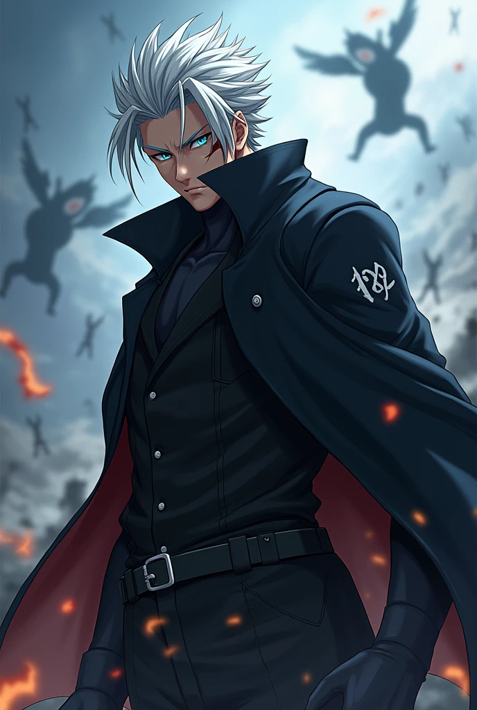 Create a male anime character with white hairs  and eyes colour should be sky blue and wearing a black coat with symbol 138 and having a scar on his face as he is fighting 