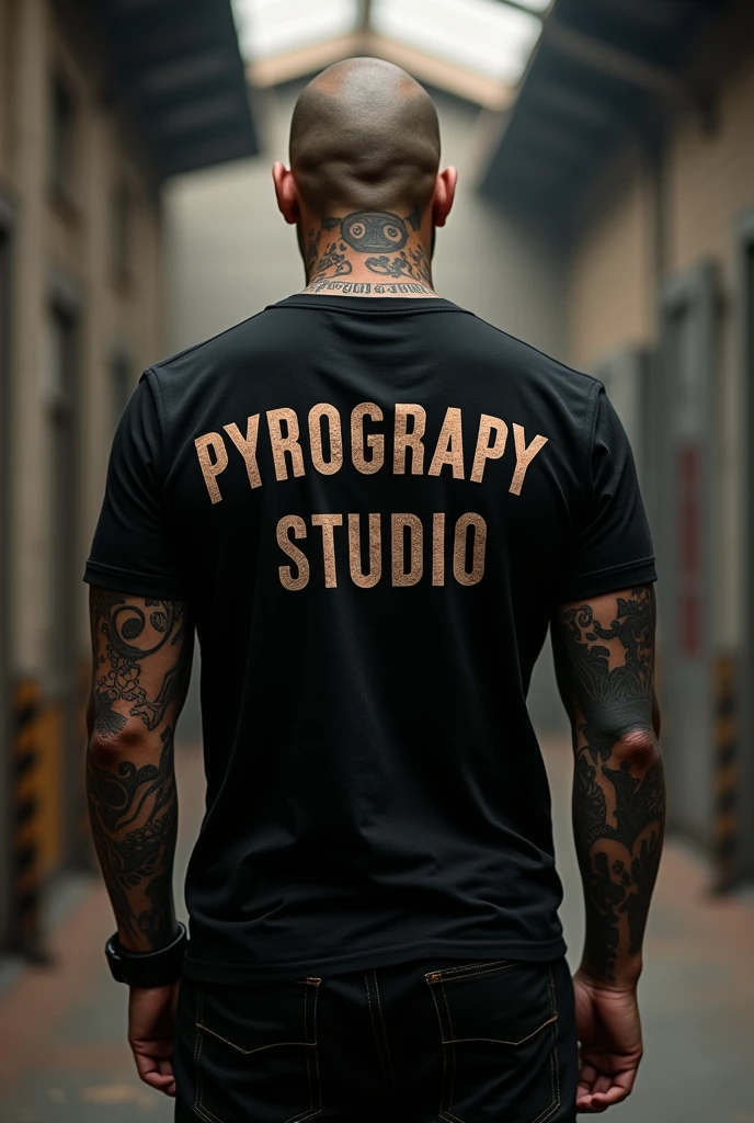 Shaved, dark, tattooed man from behind wearing a black t-shirt with the legend Pyrograpy Studio