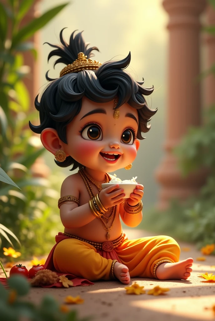 (photorealism:1.2), Balkrishna lord eating curd 3d cartoon realistic