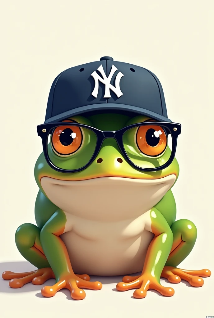 Images of frogs that Japanese people like,Real high quality,cute,Front view up,Wearing glasses,Wearing a Yankees hat