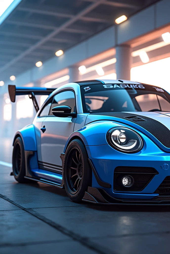 Blue and white Volkswagen Beetle with racing wheels and a Sasuke rear diffuser