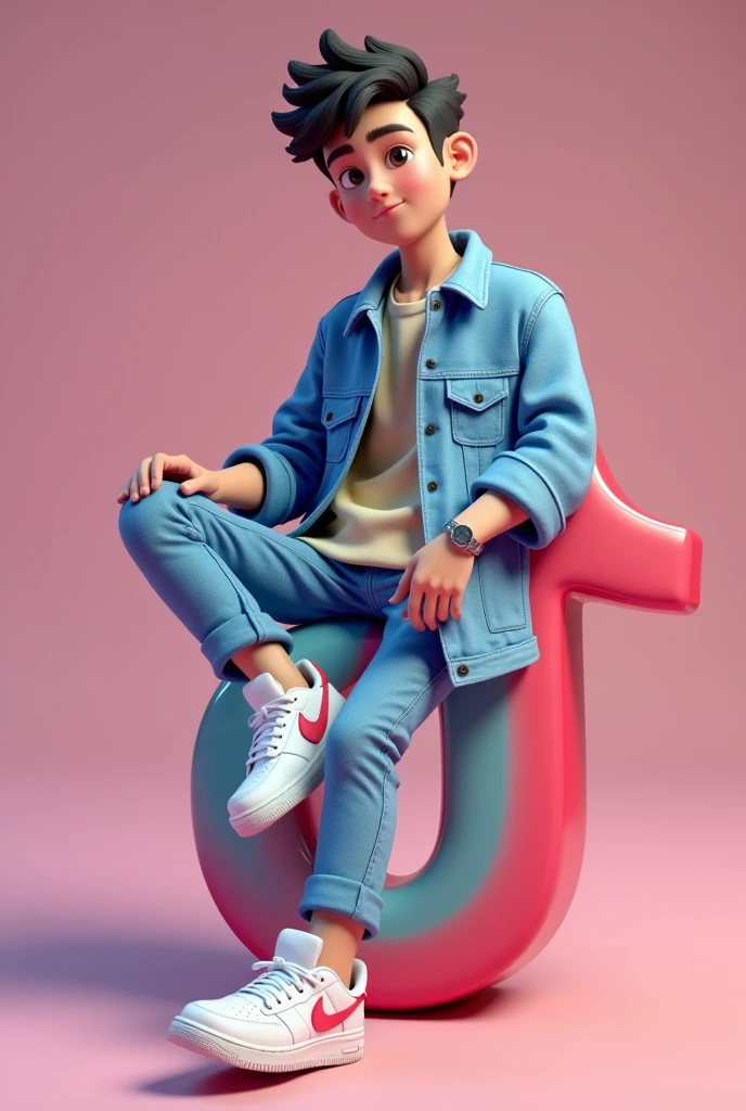 créez une illustration 3D d'un personnage aimée Assis de manière décontracté au-dessus d'un logo de media social « tik tok » le personnage doit porter des vêtements moderne et décontracté qu'une veste en jean et des chaussures de sport Nike air de couleur blanche. Le fond de l'image est une page de profil du media social avec un nom d'utilisateur “Tarno/ 24k abonné" et une photo de profil qui correspond,