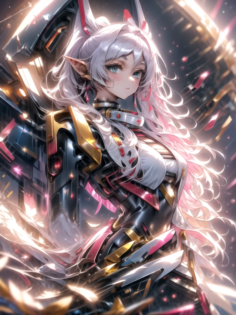 masterpiece,best quality,1girl,aafrie,[green eyes|blue eyes],long hair,white hair,twintails,pointy ears,thick eyebrows,flat chest,(chest armor),mecha musume,white theme,bodysuit,fortified suit,mechanical parts,robot joints,headgear,full armor,expressionless,looking at viewer,action pose,outer space,science fiction,