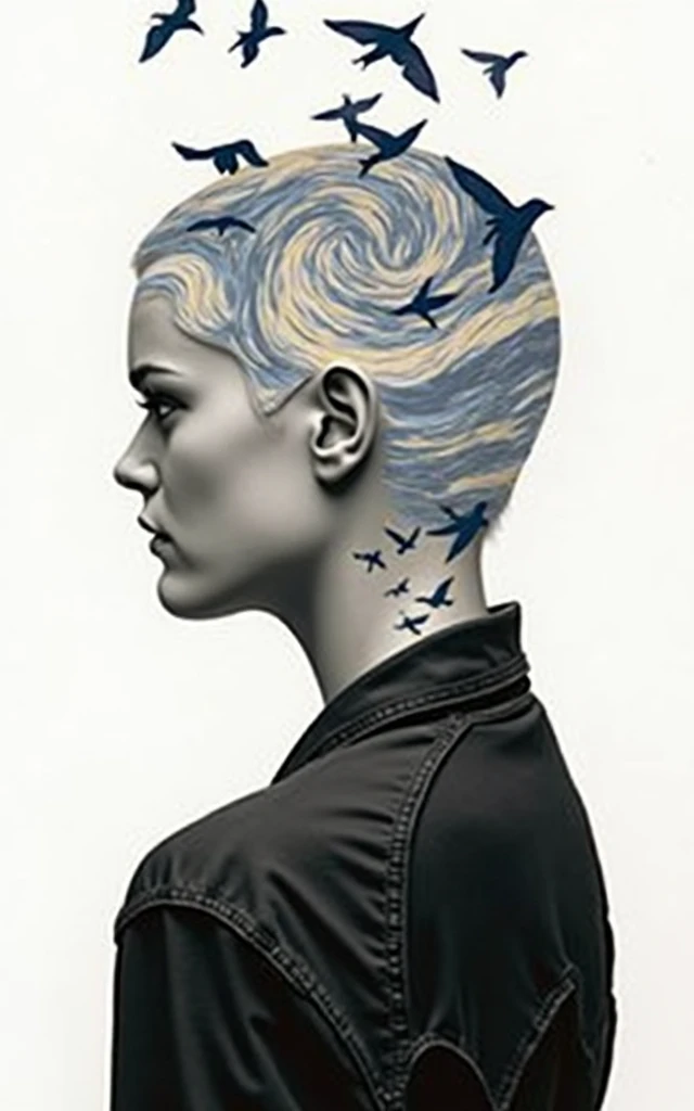 Create a character from veronica roth novel divergent of trìs with birds tatoo on her neck in vincent van gogh starry night background