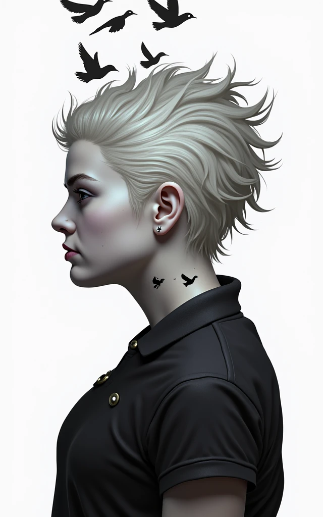 Create a character from veronica roth novel divergent of trìs with birds tatoo on her neck in vincent van gogh starry night background