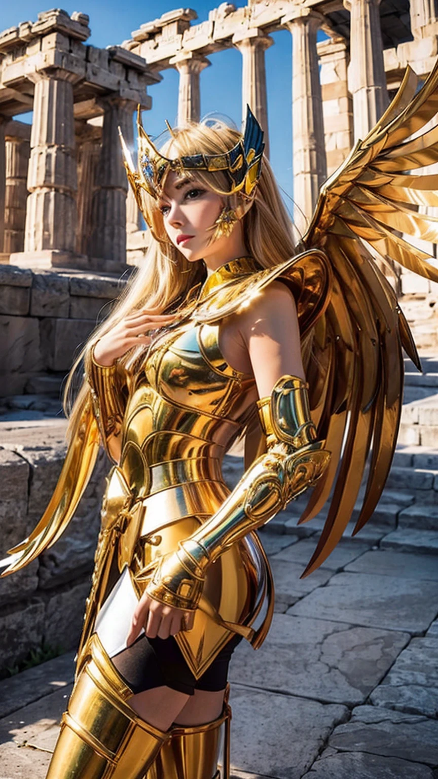 masterpiece, Highest quality, Very detailed, 16K, Ultra-high resolution, Cowboy Shot, Detailed face, Perfect Fingers, 1 female, , Greece, In front of the Parthenon, 射手座のarmor, armor, golden armor, wing, Helmet, long metal wing, long golden wing,Natural Blonde、Blue Eyes、White skin、