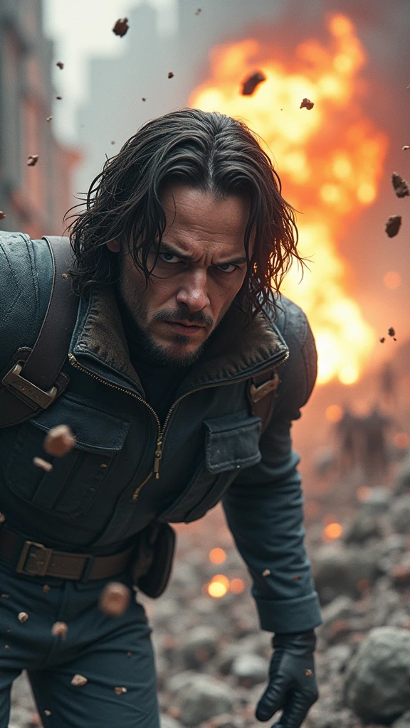 Bucky is depicted in a life-or-death situation, perhaps hanging from a cliff edge or caught in the blast of an explosion, his face showing a mixture of fear and determination. The scene around them is charged with tension: debris and dirt suspended in mid-air, flames from an explosion halted in their tracks, and soldiers frozen in the midst of combat.