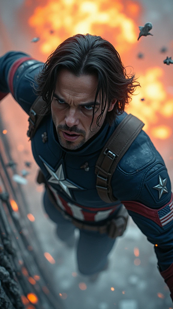 Bucky is depicted in a life-or-death situation, perhaps hanging from a cliff edge or caught in the blast of an explosion, his face showing a mixture of fear and determination. The scene around them is charged with tension: debris and dirt suspended in mid-air, flames from an explosion halted in their tracks, and soldiers frozen in the midst of combat.