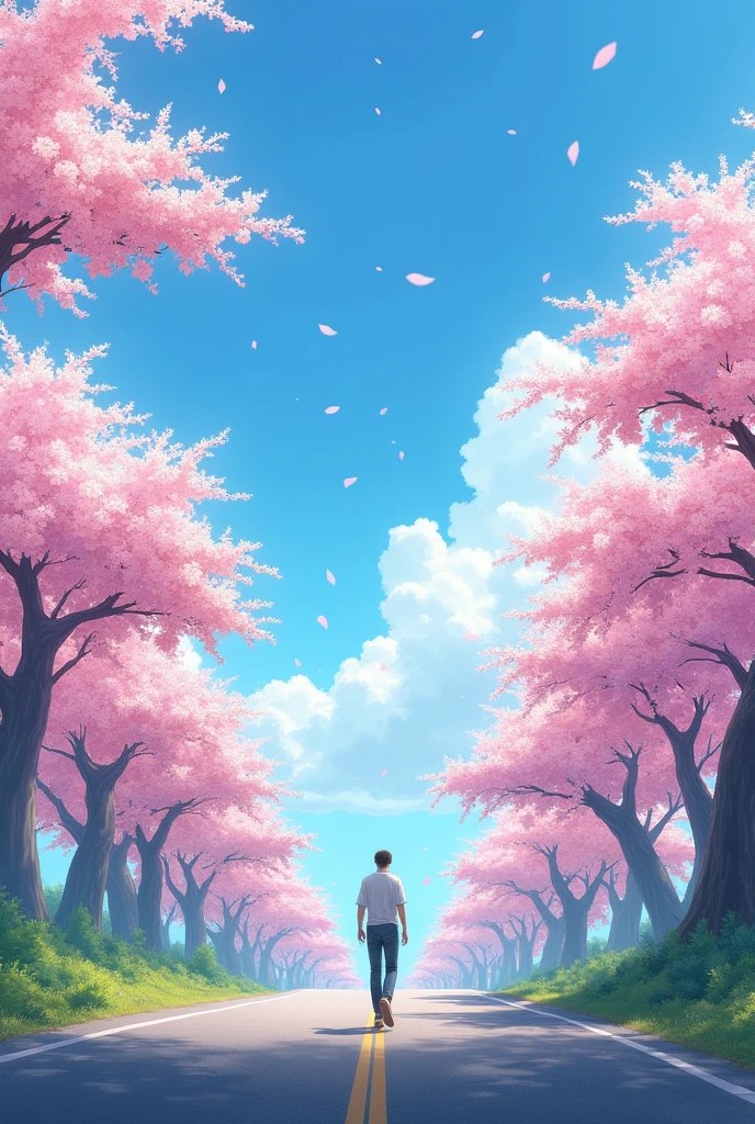 One man  walking in road and  blue sky and Sakura treet videos 
