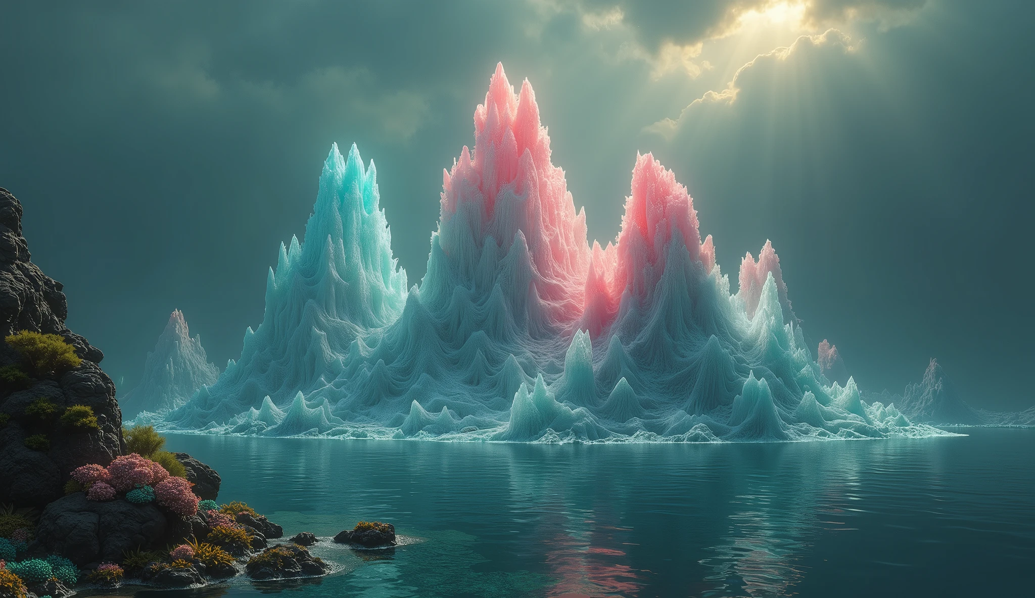 A photo of an underwater mountain range made of blue and pink crystals，In the lower right corner is a small coral reef with plants and rocks，Blue Background，Surreal，Movie Grade，Epic，Stereo lighting，Octane Rendering,