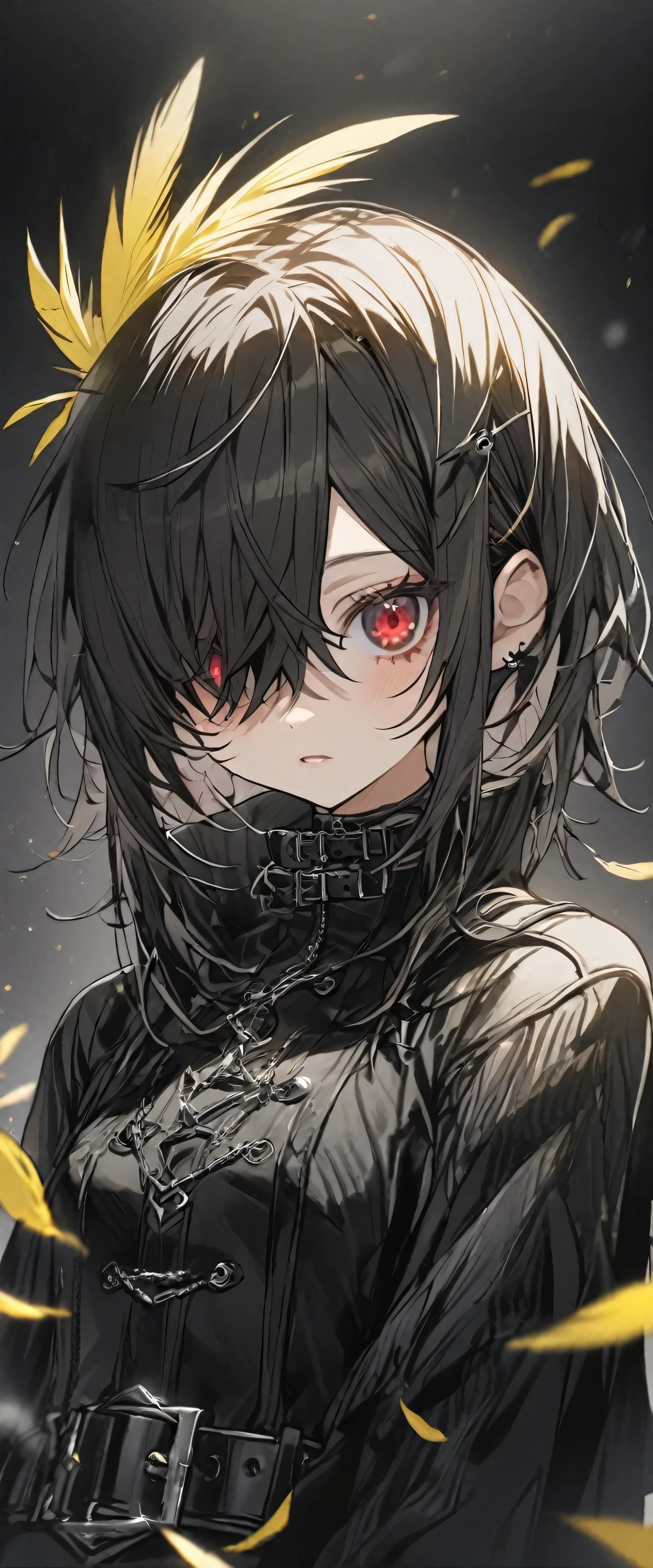 1_girl Black Hair Small penguin girl Penguin girl with yellow feathers over her eyes Penguin girl with yellow feathers spread wide behind her eyes The feathers on the head are long Red eyes The legs are pink Jumping black_short_hair ((Androgynous appearance)) small_breasts Black Costume Cold weather clothing Gothic Girl Belt on torso Character portrait