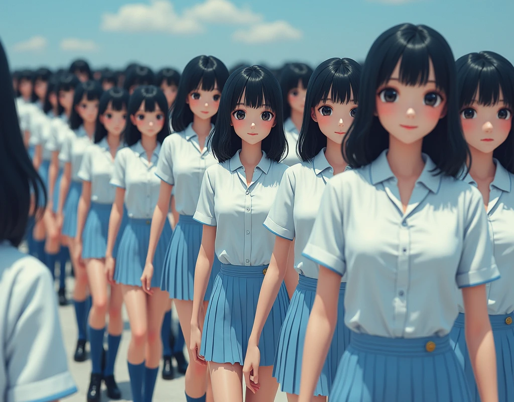 (((((Japanese Clone-girls=Myself))))), (((Super Best masterpiece Clone-girls Raw Photography Art))), (((16K, Highest quality, Ultra-high resolution, RAW Photos))), (((It's so unrealistic., With unparalleled depiction, With an unfathomable sight, An unprecedented and shocking worldview, Clone-girls: In a world of mass reproduction, Ultra-realistic))), (((Japanese Girls, Sasaki Nozomi, 26yo, Small face, Thick black hair, Medium to long hair, Dark Eyes, Mature face, Cute Smile, Smiling face, A gentle gaze, (((Very happy laughter)))))), (((Very beautiful detailed girls, Accurate body structure, Accurate body movements, Very detailed body, (((Super big breasts, Large bulge of ample breasts)))))), (((White short-sleeved shirt, I can see the cleavage, Emphasise the fullness of your breasts, Light blue pleated mini skirt, Dark blue socks, Black leather shoes))), ((((((((Very detailed, Myself cloning, Depiction of splitting oneself, 1Myself girl→1,000,000,000,000,000,000,000,000,000,000Myself cloning girls)))))))), (((((((Myself clone-girlsから, Myself keeps multiplying, (Very detailed and intricate, To the exact, Flawless, (((In the same female body,With the same face, With the same hairstyle, In the same clothes, At the same height, 同じSuper big breastsである))), In a detailed depiction), 1,000,000,000,000,000,000,000,000,000,000 people))))))), (((((Myself girls only))))), (((((1,000,000,000,000,000,000,000,000,000,000Myself girls))))), (((((Very detailed depiction, Multiple or more Myselves, Physical contact, Pleasant conversation, Holding hands, Hug, walk, Turn around, Shift your gaze))))), (((Very detailed, Extremely crowded, Body-to-body contact with no gaps))), (Bright and soft lighting), (((((Clear and accurate perspective depiction, super wide view, Ultra-wide field of view, Focus on the average value of the image))))), A crowd of Myself filling up the horizon