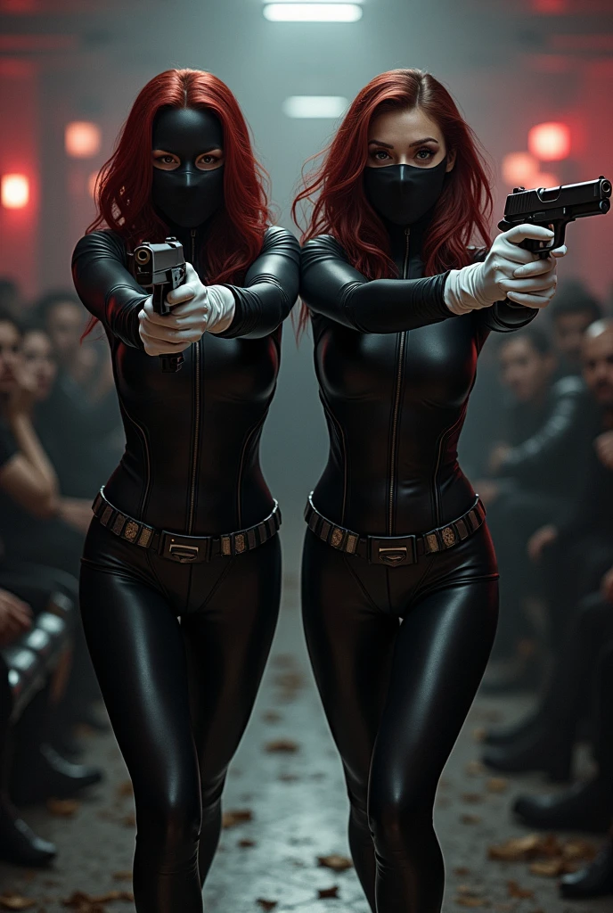 2 women wearing a Black Widow outfit wearing a balaclava and white gloves and leather shorts and wearing white boots with guns and holding up a cinema to collect valuables from people with bags