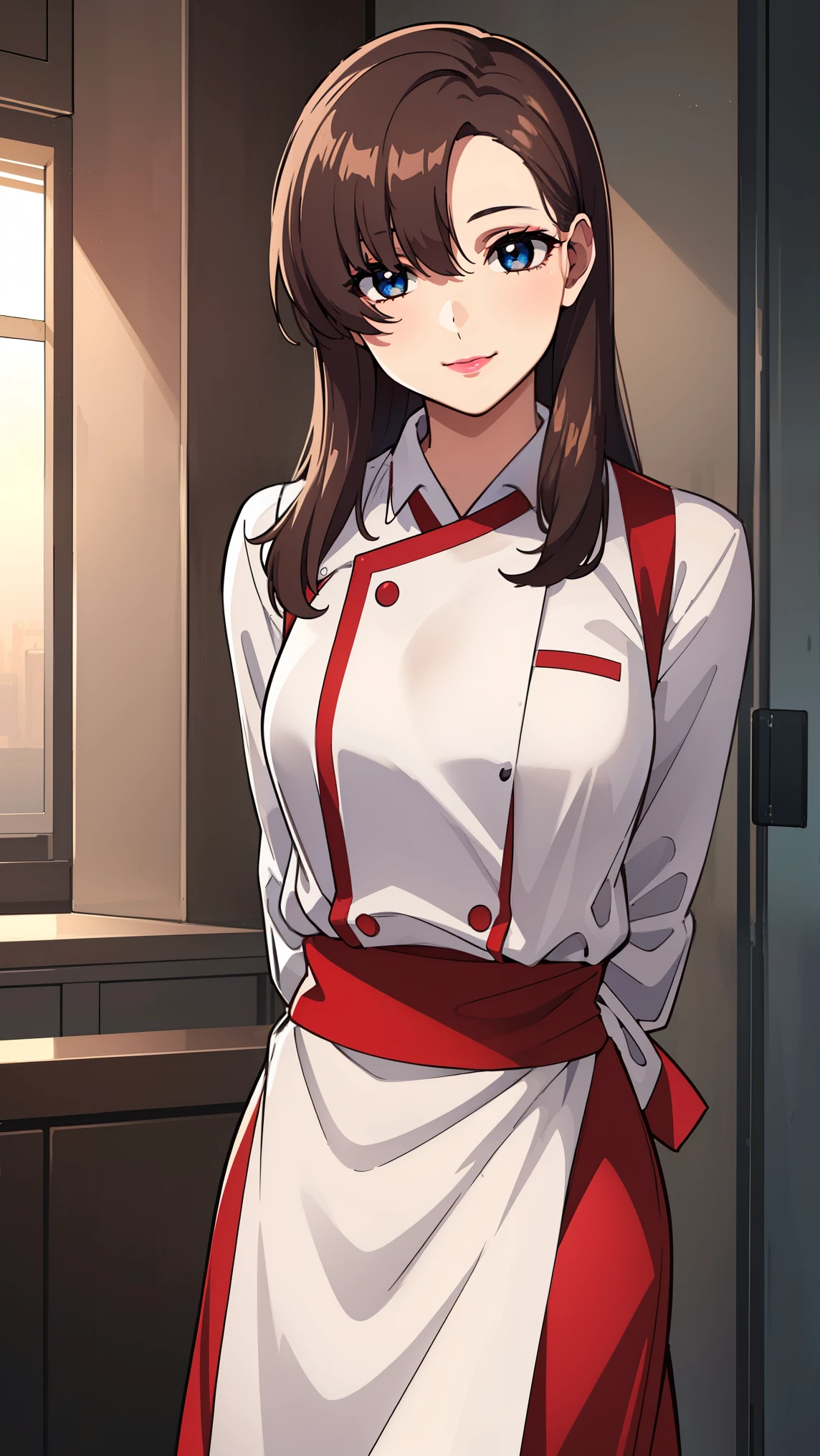 bangs,brown_hair, long_hair,red eyes,lipstick,makeup,
BREAK (white shirt, apron, red skirt, chef, red apron:1.2)
BREAK slim,smile, [wide hips],office,standing, ((Arms behind back:1.5)),
BREAK (masterpiece:1.2), best quality, high resolution, unity 8k wallpaper, (illustration:0.8), (beautiful detailed eyes:1.6), extremely detailed face, perfect lighting, extremely detailed CG, (perfect hands, perfect anatomy),