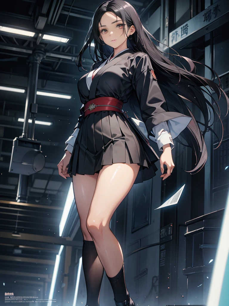 One adult woman with narrow eyes,career woman,Tight skirt,pumps,lawyer,cool,Gaze, Forehead,Anatomically correct, accurate, masterpiece, Highest quality, Winner of numerous awards, Textured skin, Retina, Retina, Black Hair, Half-up hairstyle, Solemn, Column Lineup,Cinematic light effects, Anime Style, Japanese illustration style,