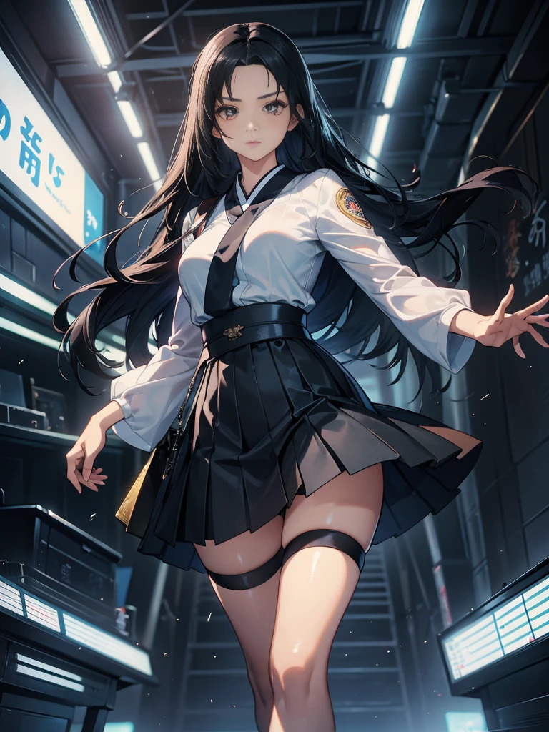 One adult woman with narrow eyes,career woman,Tight skirt,pumps,lawyer,cool,Gaze, Forehead,Anatomically correct, accurate, masterpiece, Highest quality, Winner of numerous awards, Textured skin, Retina, Retina, Black Hair, Half-up hairstyle, Solemn, Column Lineup,Cinematic light effects, Anime Style, Japanese illustration style,