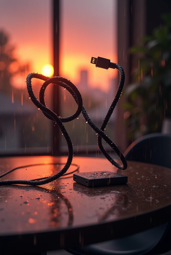 2 Charging cable dance in table with sunset rainy backround