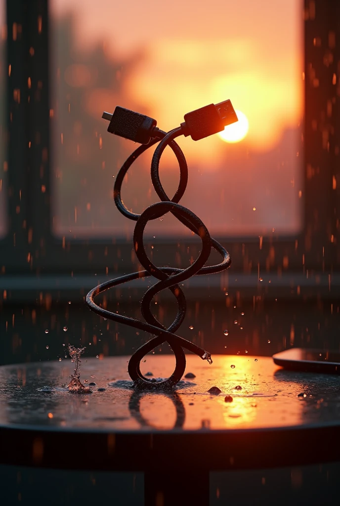 2 Charging cable dance in table with sunset rainy backround