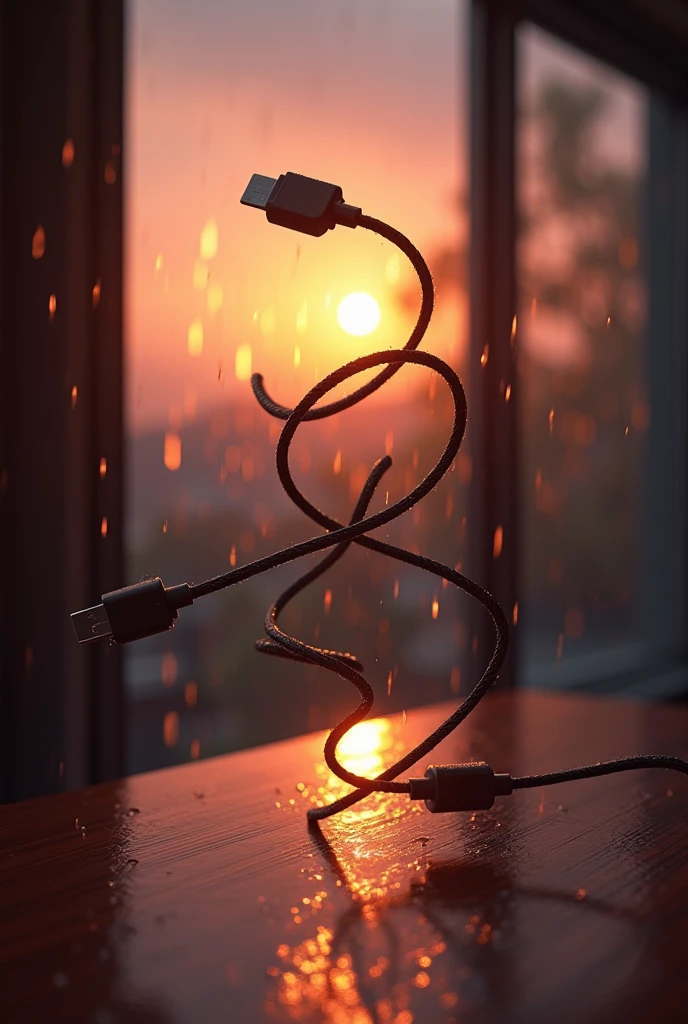  2 Charging cable dance in table with sunset rainy backround 