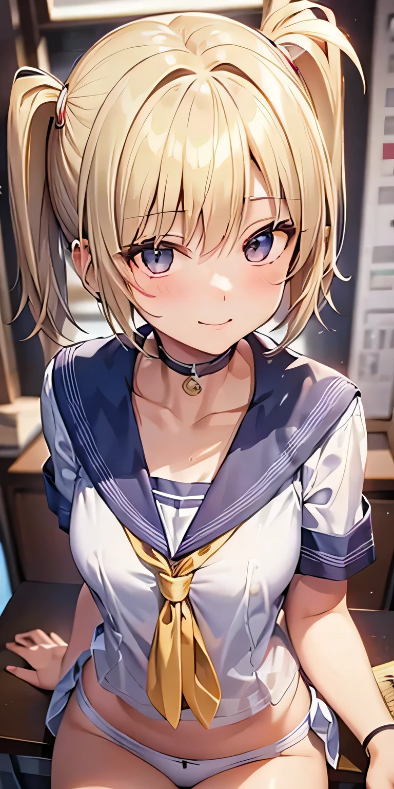 Short hairstyle with twin tails,Blonde,Sailor suit,classroom,smile,