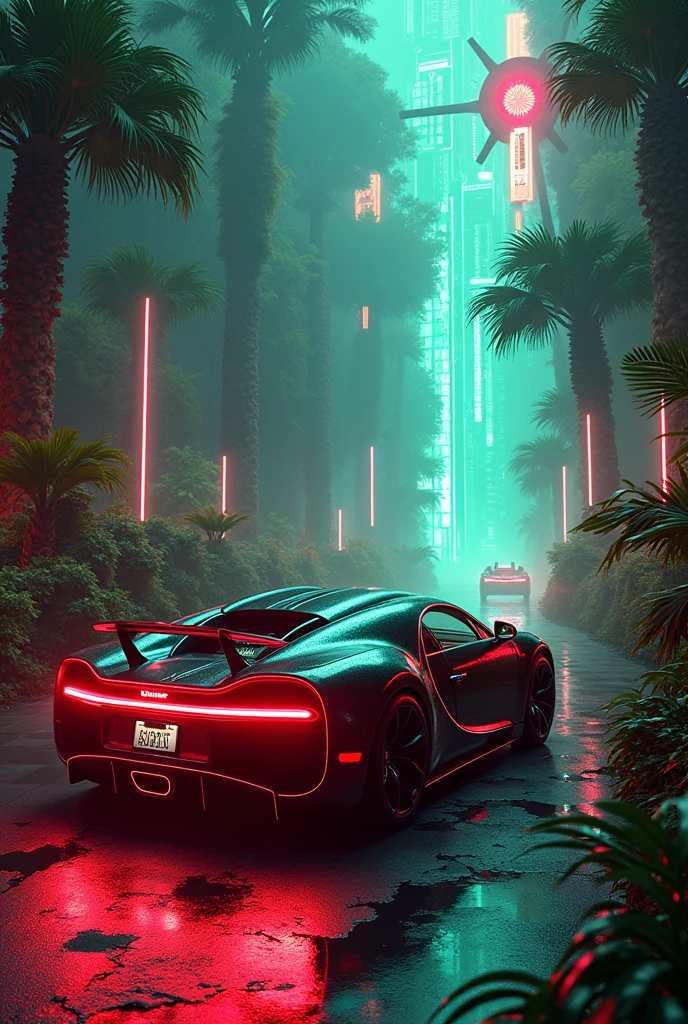 A Bugatti Veyron in the cyberpunk Jungle with red and green neon lights