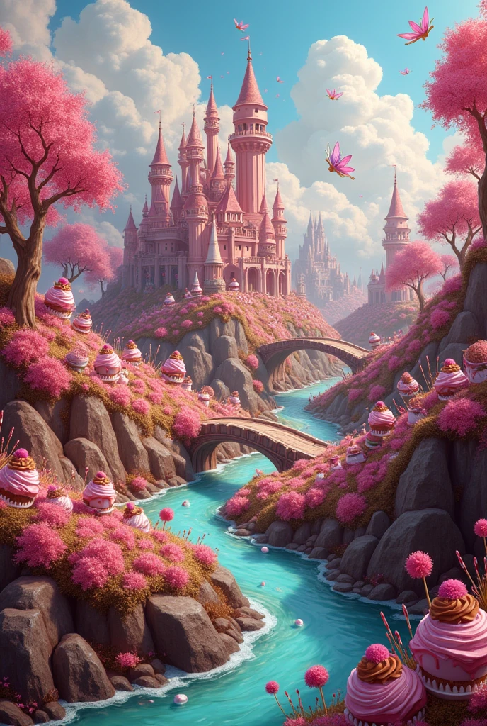 A huge candyland landscape painting with a candy castle and lots of chocolates and cupcakes with candy fairy of her own castle.a chcolate river and bridge