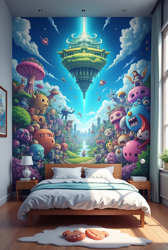 Give me a wall painting with full of anime and also colourfully and cover with full wall for boys for boys bedroom