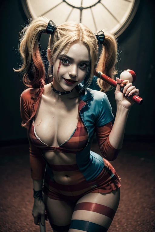 , with long hair, dressed as harley quinn, tight, holding a clown mallet, ultra realistic, 8k, 1.4