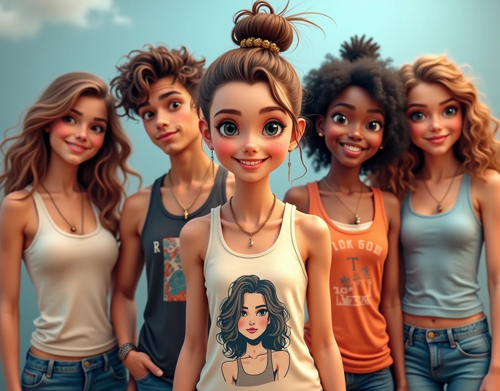 Side-by-side photo of a age girl wearing skater fashion and her male and female friends. Everyone is wearing a tank top