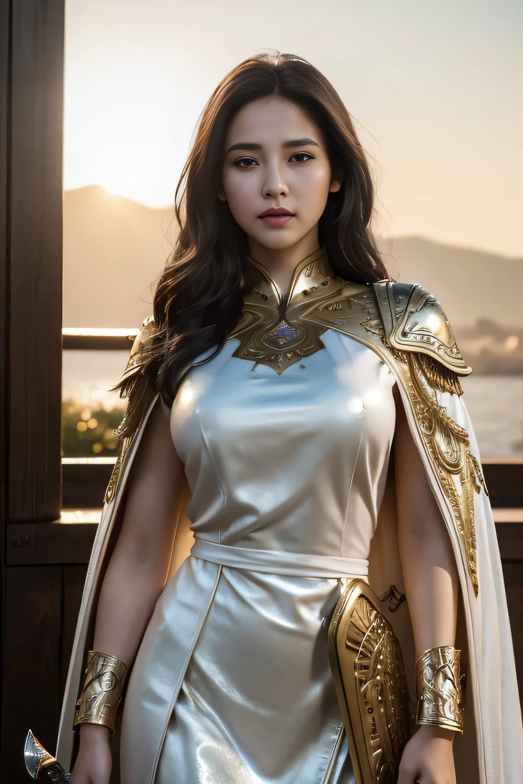 extremely beautiful young lady, subtle makeup, golden hour, photorealistic, high contrast, 8k HD, detailed, hyper-detailed, realistic skin texture, long dark hair, big breast, best quality, ultra high res, raw photo, dramatic lighting, unreal engine, diffuse glow intricate silver eaba, white imperial cape, spear, sword, no helm