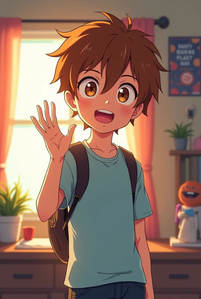 A YouTube otaku boy with brown hair and brown eyes with one hand in front of him