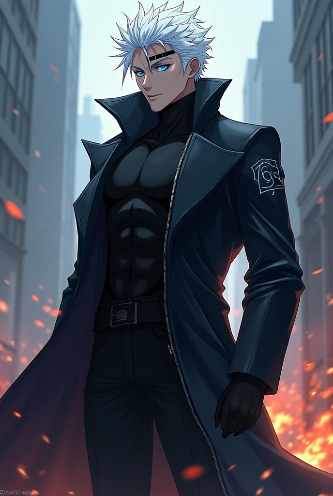 Create a male anime character with white hairs and eyes colour should be sky blue and wearing a black coat with symbol 138 and having a scar on his face as he is fighting