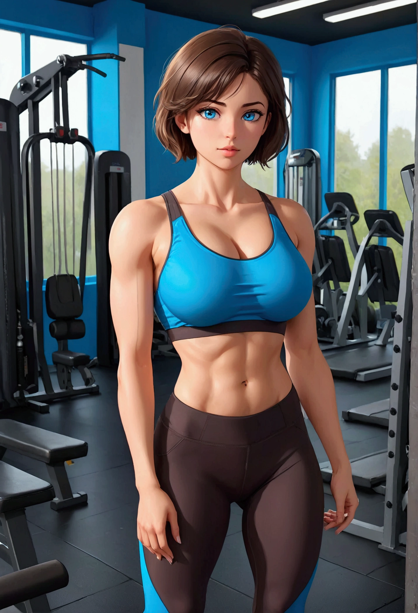 20 years old woman, Short brown hair, Méditerranéenne aux blue eye, Generous and heavy breasts, slender waist, estomac defini, fesses rebondies et pulpeuses, naturally curved, muscular thighs, aguicheuse, in the gym, leggings and bra , blue eye, work out, sweating 