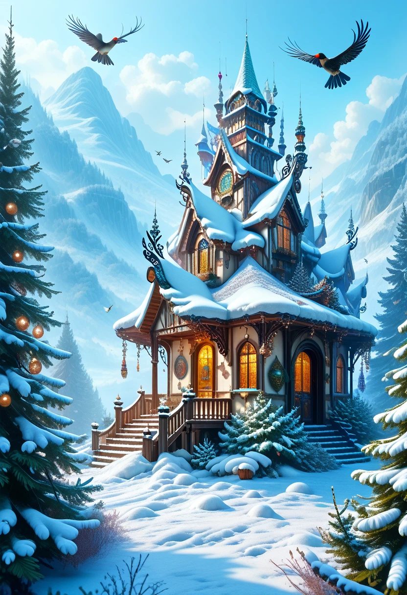score_9, score_8_up,score_7_up, masterpiece, best quality, perfect anatomy, very aesthetic, official art, 8k, girl alone, sexy, of heavenly beauty, goddess, curvy, More Average Breasts, Beautiful Sparkling Hair Long Voluminous, Snowy Village Background, Lots of Snow, snowing, Bright Sparkles, Snowflakes are circling, The wind is light, Birds Sit on Trees, Northern Lights in the sky Very Beautiful Many colors, great atmosphere, full height, full detailed, masterpiece, Huge Scale Painting Wallpaper, Best quality, Fairytale and Fantastic Atmosphere,