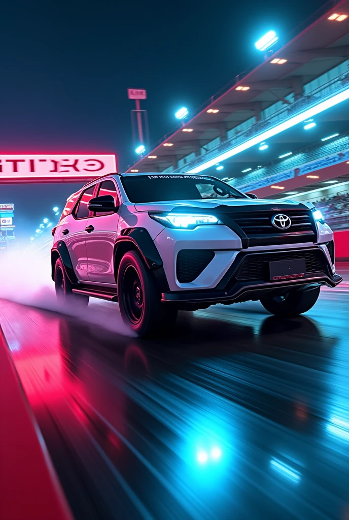 Fortuner in race track at night with neon background