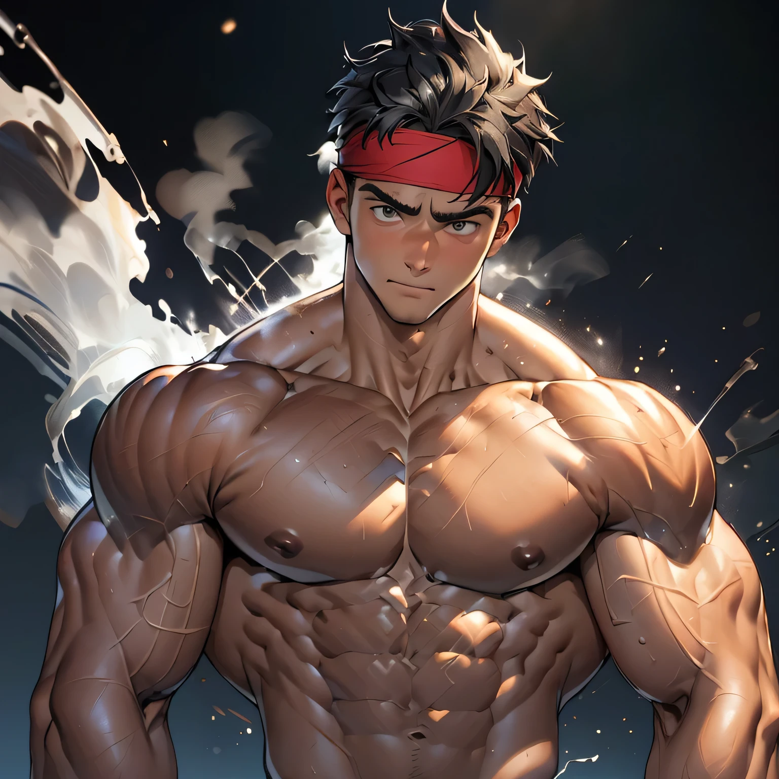 ((masterpiece, best quality)), (((((Black Background, Dark night, (Depth of field:1.2), male focus, upper body))))), (1 boy, Young guy, Shirtless, topless), ((((1boy, solo, tough, reliable)))), (Dark Short straight hair, ((almost completely shaved hair)), under cut, Glossy skin), (((red headband, black wristband))), Vivid colors, ((big breast, big shoulder, big abs:1.2, muscular body, sturdy body, defined round and fleshy pecs, Well-defined abdominal muscles, defined round and fleshy arms, well-defined muscles, developed body, shouldermuscler, defined Round and big abs)), muscler!, muscler body, detailed face, detailed muscle, toned body, (((rippling muscles, wearing steam)))