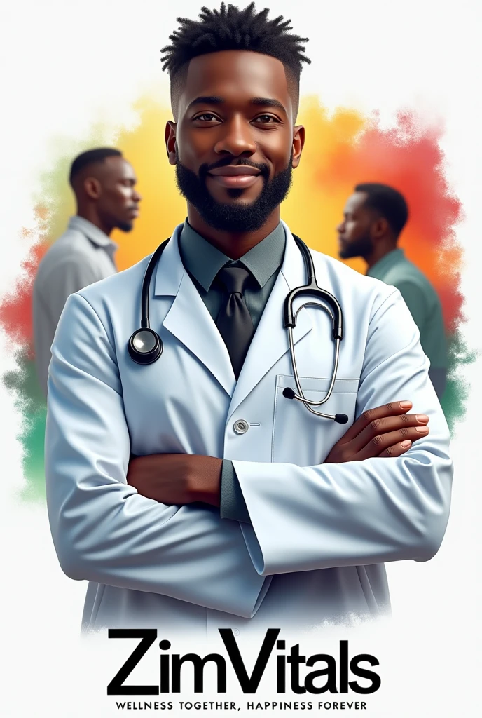 I want a go for a health channel called ZimVitals, with motto "Wellness together, happiness forever". Put a tinge of dim Zimbabwean flag at the background. Add a realistic black doctor with a patient in the background make it water mark