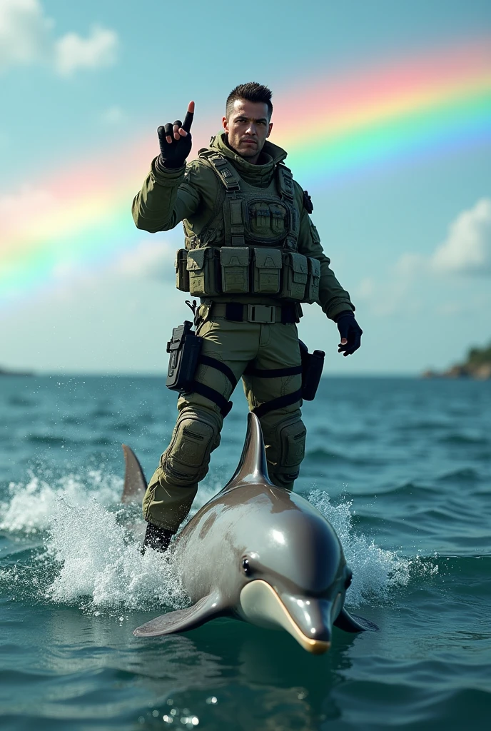A call of duty character sticking out the impudicus finger on top of a dolphin and the background of a rainbow and an ocean 