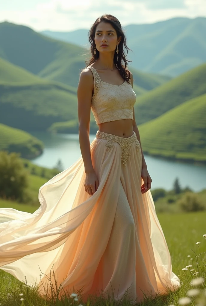 Generate a lehenga with very thin sleeveless blouse with cloud shaped front side