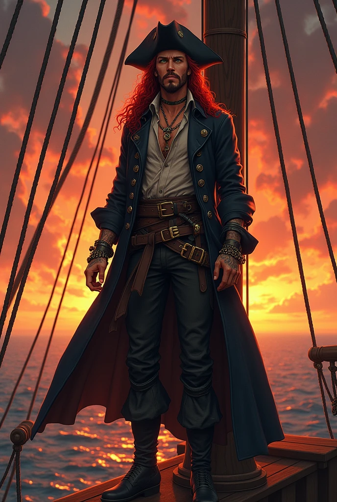 Generate the image of a pirate for a DnD campaign. A male pirate with an excited face. He has long dark red curly hair, without any type of facial hair. His eyes are emerald green, and he has a small scar on the bridge of his nose. He’s wearing a pirate hat in black leather, a long dark trench coat, under the coat a soft shirt half open, with an old leather filet. He’s wearing many bracelets and necklaces, he has many tattoo. He’s on the top of the main mast of his boat looking at the sunset